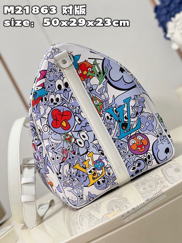 LV專櫃2023新款Keepall Bandoulière 50旅行袋 M21863對版 路易威登描繪 Monogram 圖案卡通形象旅行包 dn1454